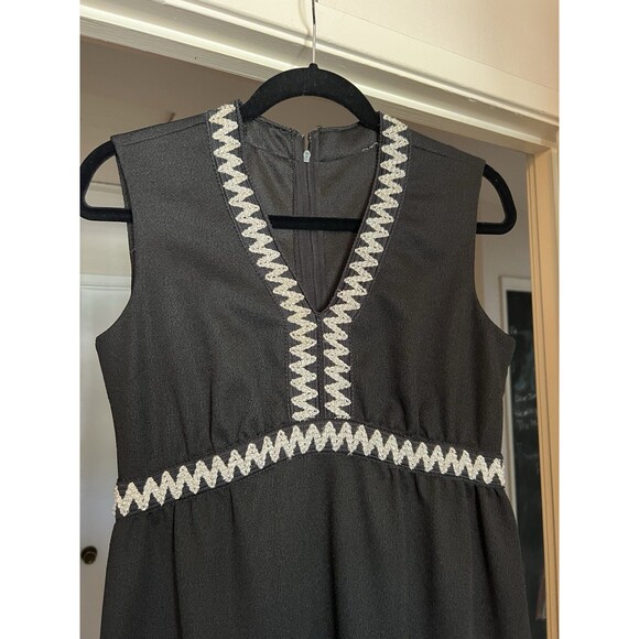 Vintage 1970s Boho A-Line Black Maxi Dress Silver Applique Trim Size M - Picture 2 of 10